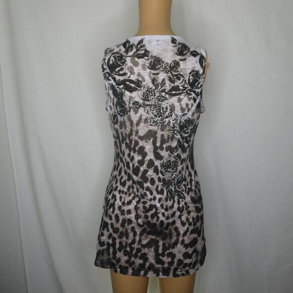 Cache Cheetah Print Floral Beaded Tank Top Scoop Neck Animal Sparkly Rhinestones - Picture 8 of 8